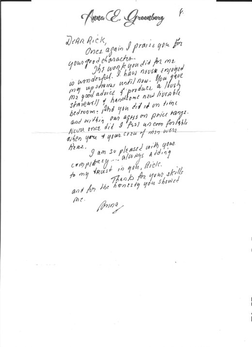 Handwritten testimonial from Anna Greenberg